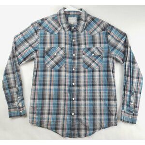 Warp and Weft Shirt Mens M Gray Blue Western Pearl Snap Plaid Stretch Country